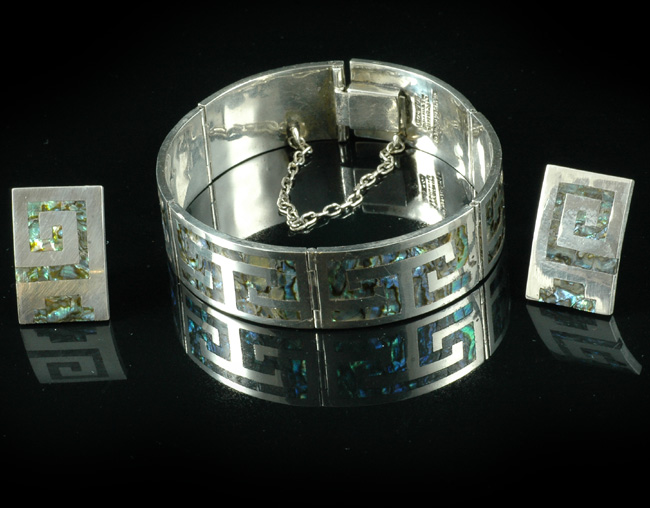 Mexican Sterling and Abalone Bracelet and Earring Set