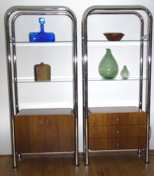 Chrome and Walnut Shelving Units