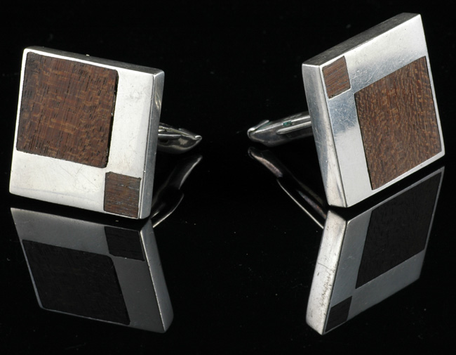 Large C Lopez Silver and Wood Cufflinks