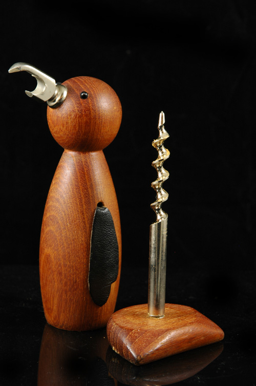 Teak bird bottle opener / corkscrew